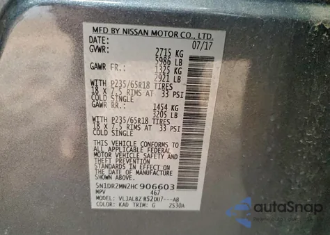 2017 Nissan Pathfinder S z USA, uszkodzony, nr VIN 5N1DR2MN2HC906603